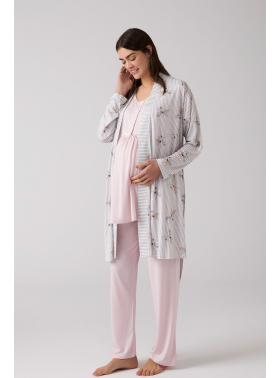 Merci Marya  1014 Bisiklet Yaka Lohusa Pijama ve Desenli Sabahlık Takımı 
