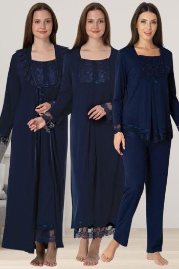 Effortt 3046 LACİVERT Dantelli 4lü Hamile Lohusa Seti