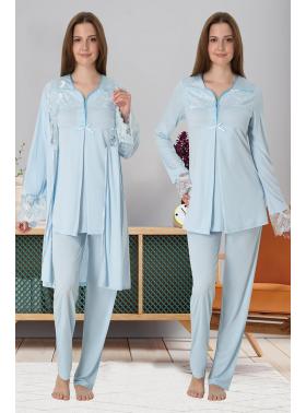 Effortt 4084 Mavi Dantelli Sabahlıklı Lohusa Pijama Takımı