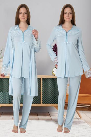 Effortt 4084 Mavi Dantelli Sabahlıklı Lohusa Pijama Takımı Effortt 4084 Mavi Dantelli Sabahlıklı Lohusa Pijama Takımı