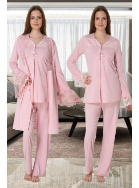 Effortt 4084 Pudra Dantelli Sabahlıklı Lohusa Pijama Takımı