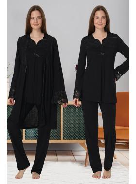 Effortt 4084 Siyah Dantelli Sabahlıklı Lohusa Pijama Takımı