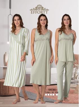 Effortt 9036 Yeşil Çizgili Sabahlıklı Lohusa 4lü Set