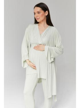 RİMEL Mint Yeşili Volan Kol Sabahlıklı Dantelli Kruvaze Lohusa Pijama Takımı 502