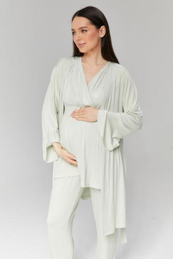 RİMEL Mint Yeşili Volan Kol Sabahlıklı Dantelli Kruvaze Lohusa Pijama Takımı 502