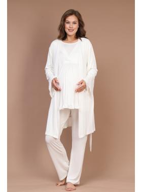 RİMEL Ekru Kruvaze Sade Uzun Kollu Sabahlıklı Lohusa Pijama Takımı  624