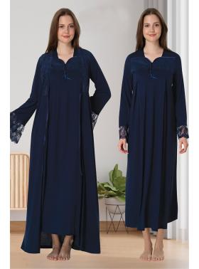 Effortt 4085 Lacivert Dantelli Sabahlıklı Lohusa Gecelik Takımı