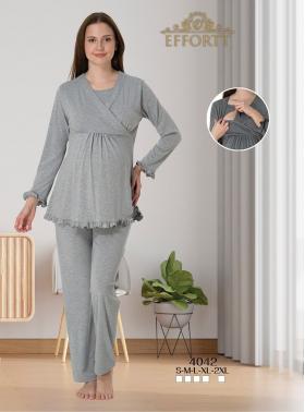 Effortt 4042 Gri Gizli Emzirme Özellikli Lohusa Pijama Takımı