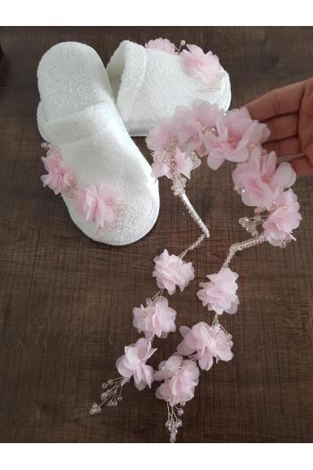 Online Çamaşır Küpeli Pembe Lohusa Terlik Taç