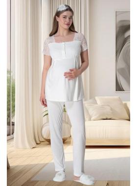 Mecit 6010 Ekru Dantelli Hamile Lohusa Pijama Takımı