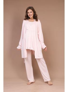 RİMEL Pembe Kruvaze Sade Uzun Kollu Sabahlıklı Lohusa Pijama Takımı - 632 
