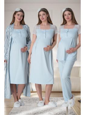 Mecit 6063 Mavi Çizgili Uzun Sabahlıklı Gecelik Pijama Lohusa Set