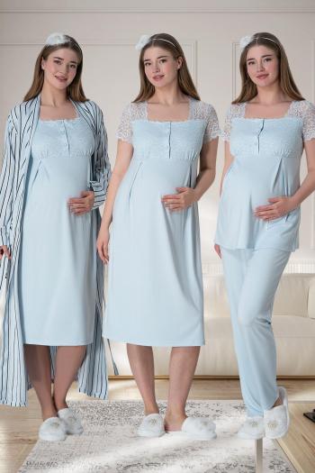Mecit 6063 Mavi Çizgili Uzun Sabahlıklı Gecelik Pijama Lohusa Set