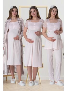 Mecit 6063 Pembe Çizgili Uzun Sabahlıklı Gecelik Pijama Lohusa Set