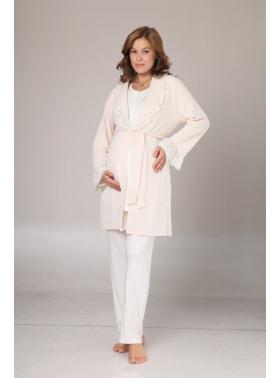 RİMEL Krem Fırfır Yakalı Kışlık Sabahlıklı Lohusa Pijama Takımı 1010