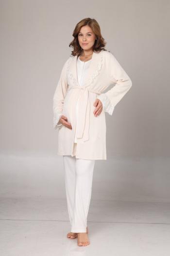 RİMEL Krem Fırfır Yakalı Kışlık Sabahlıklı Lohusa Pijama Takımı 1010