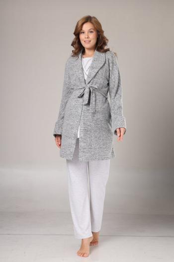 Kışlık Gri Polar Sabahlıklı Lohusa Pijama Takımı- 1019