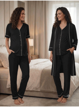 Effortt 3074 SİYAH Sabahlıklı Hamile Lohusa Pijama Takımı