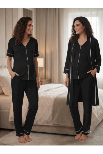 Effortt 3074 SİYAH Sabahlıklı Hamile Lohusa Pijama Takımı