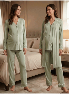 Effortt 5074 YEŞİL Sabahlıklı Hamile Lohusa Pijama Takımı