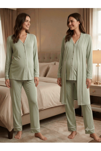 Effortt 5074 YEŞİL Sabahlıklı Hamile Lohusa Pijama Takımı
