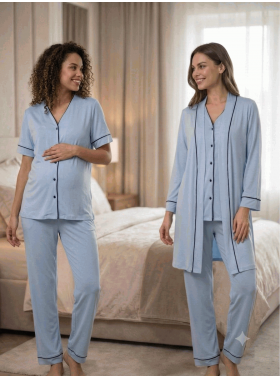 Effortt 3074 MAVİ Sabahlıklı Hamile Lohusa Pijama Takımı