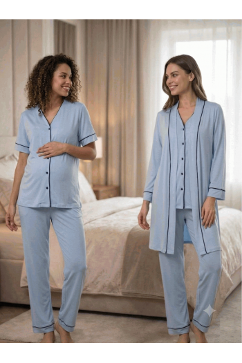Effortt 3074 MAVİ Sabahlıklı Hamile Lohusa Pijama Takımı