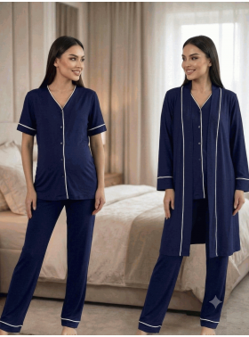Effortt 3074 LACİVERT Sabahlıklı Hamile Lohusa Pijama Takımı