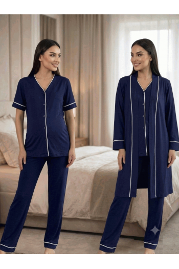 Effortt 3074 LACİVERT Sabahlıklı Hamile Lohusa Pijama Takımı