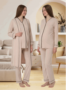 Effortt 5074 Sütlü Kahve Düğmeli Sabahlıklı Lohusa Pijama Takımı