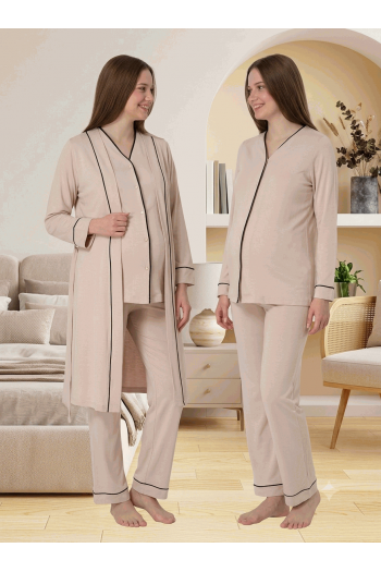 Effortt 5074 Sütlü Kahve Düğmeli Sabahlıklı Lohusa Pijama Takımı