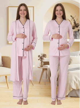 Effortt 5074 Pembe Düğmeli Sabahlıklı Lohusa Pijama Takımı