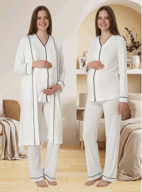 Effortt 5074 Ekru Düğmeli Sabahlıklı Lohusa Pijama Takımı