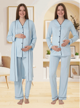 Effortt 5074 Mavi Düğmeli Sabahlıklı Lohusa Pijama Takımı