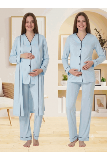 Effortt 5074 Mavi Düğmeli Sabahlıklı Lohusa Pijama Takımı