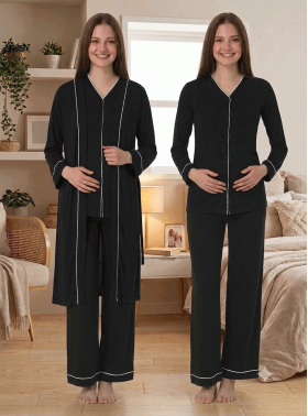 Effortt 5074 Siyah Düğmeli Sabahlıklı Lohusa Pijama Takımı