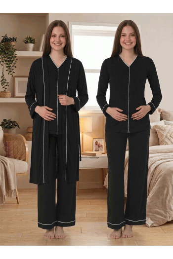 Effortt 5074 Siyah Düğmeli Sabahlıklı Lohusa Pijama Takımı