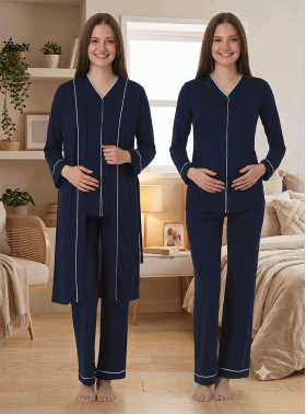 Effortt 5074 Lacivert Düğmeli Sabahlıklı Lohusa Pijama Takımı
