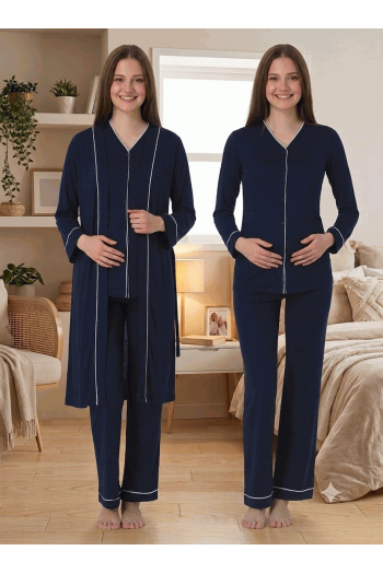 Effortt 5074 Lacivert Düğmeli Sabahlıklı Lohusa Pijama Takımı