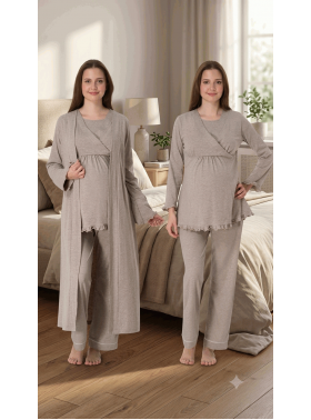 Effortt 4044 Bej Gizli Emzirme Özellikli Sabahlıklı Lohusa Pijama Takımı