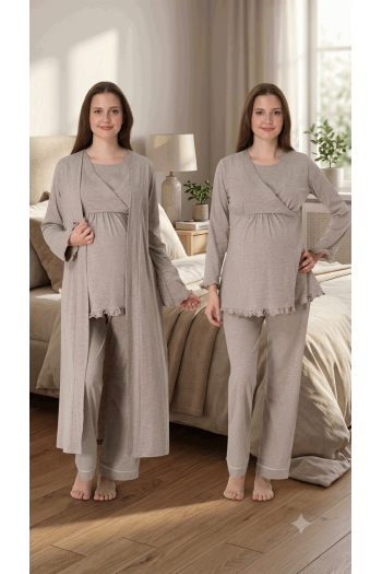 Effortt 4044 Bej Gizli Emzirme Özellikli Sabahlıklı Lohusa Pijama Takımı