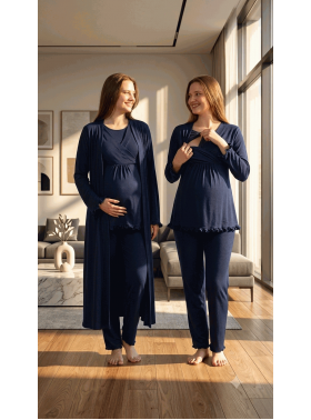 Effortt 4044 Lacivert Gizli Emzirme Özellikli Sabahlıklı Lohusa Pijama Takımı