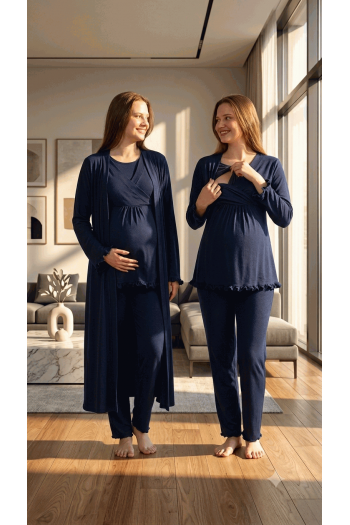 Effortt 4044 Lacivert Gizli Emzirme Özellikli Sabahlıklı Lohusa Pijama Takımı