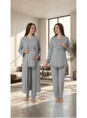 Effortt 4044 Gri Gizli Emzirme Özellikli Sabahlıklı Lohusa Pijama Takımı
