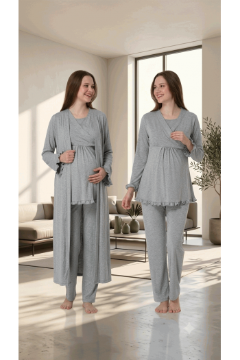 Effortt 4044 Gri Gizli Emzirme Özellikli Sabahlıklı Lohusa Pijama Takımı