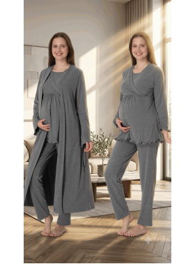 Effortt 4044 Antrasit Gizli Emzirme Özellikli Sabahlıklı Lohusa Pijama Takımı
