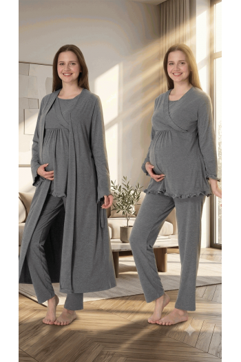 Effortt 4044 Antrasit Gizli Emzirme Özellikli Sabahlıklı Lohusa Pijama Takımı