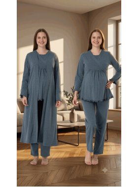 Effortt 4044 İndigo Gizli Emzirme Özellikli Sabahlıklı Lohusa Pijama Takımı