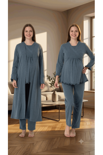 Effortt 4044 İndigo Gizli Emzirme Özellikli Sabahlıklı Lohusa Pijama Takımı