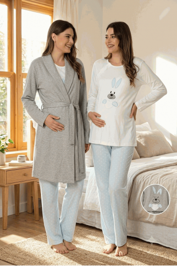 Effortt 3090 Mavi Sabahlıklı Lohusa Pijama Takımı